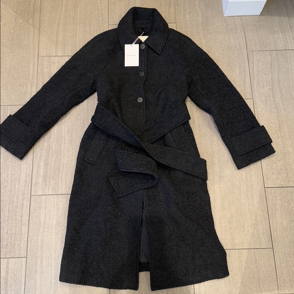 Everlane Black Wool Coat - Italian Belted Overcoat - Picture 3 of 3